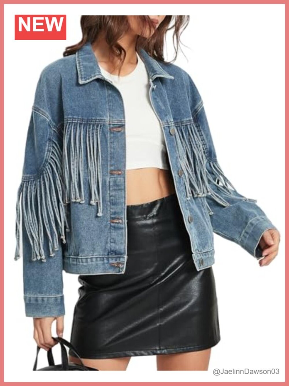 Oversized Fringed Denim Jacket Western Tassel Trim Button Front Cotton